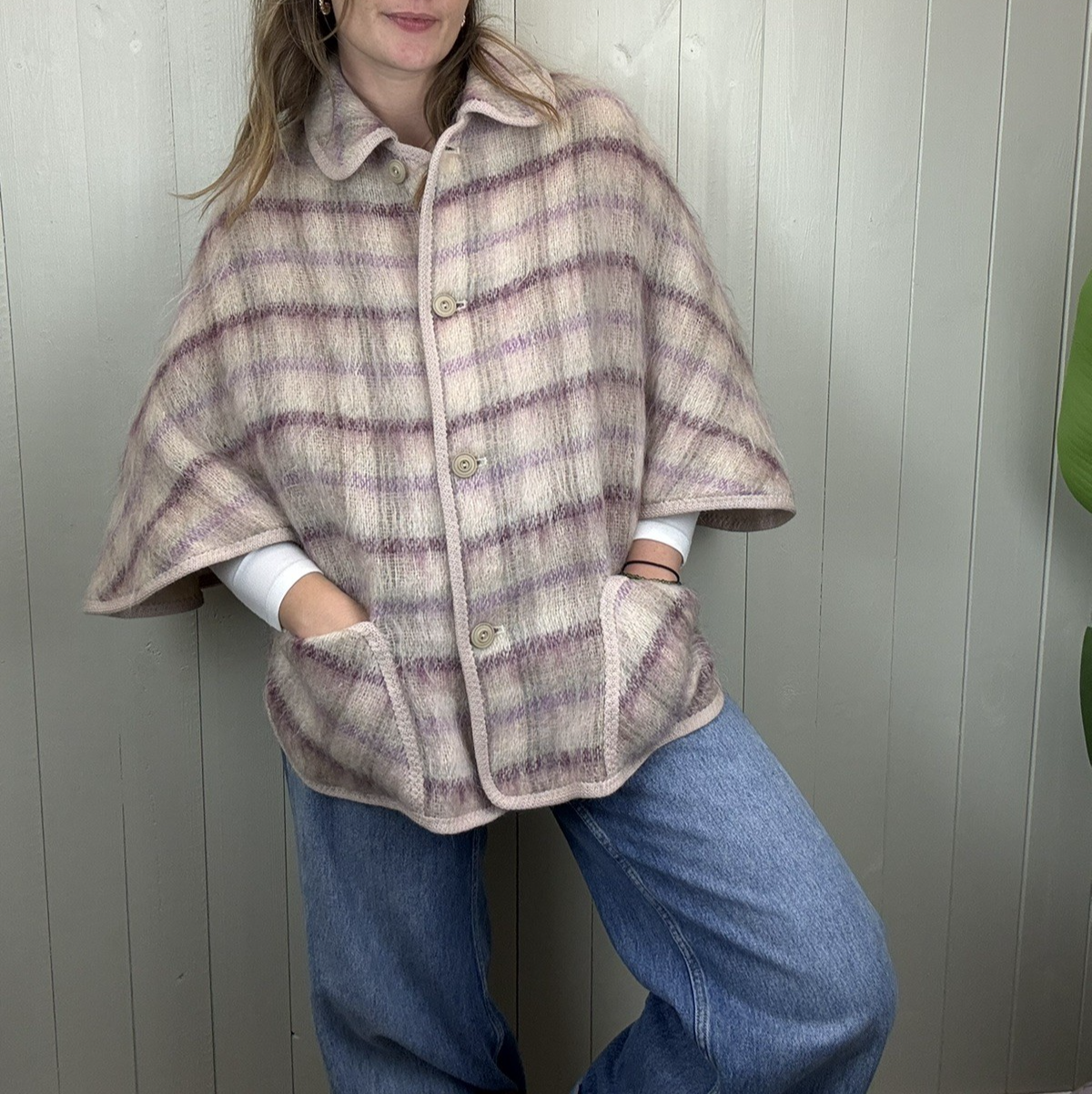 Vintage Free Size 6-14 Cream Purple Mohair Cape Jacket