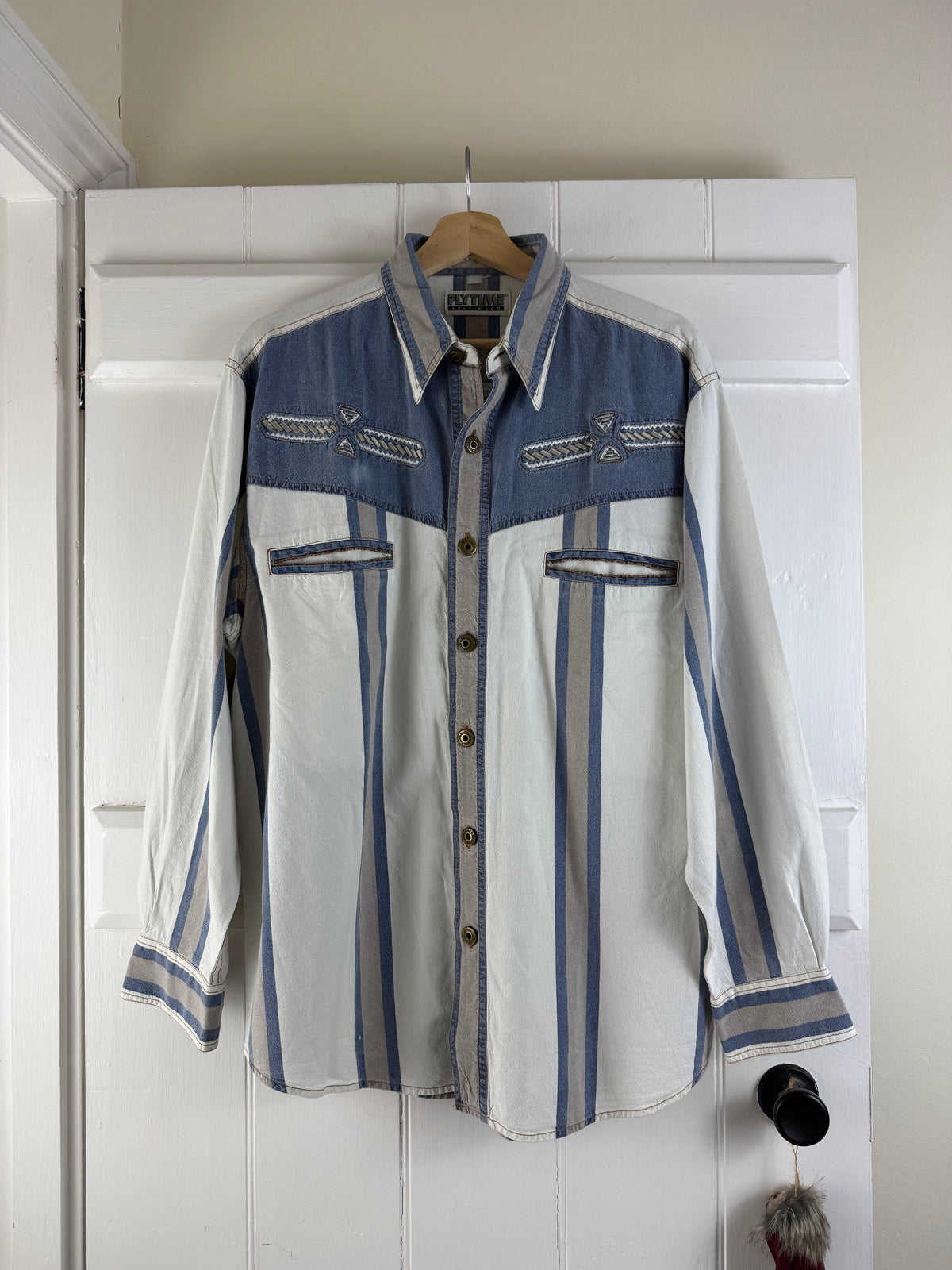 Vintage Size L 12-16 Blue Western Denim Shirt Fly Time