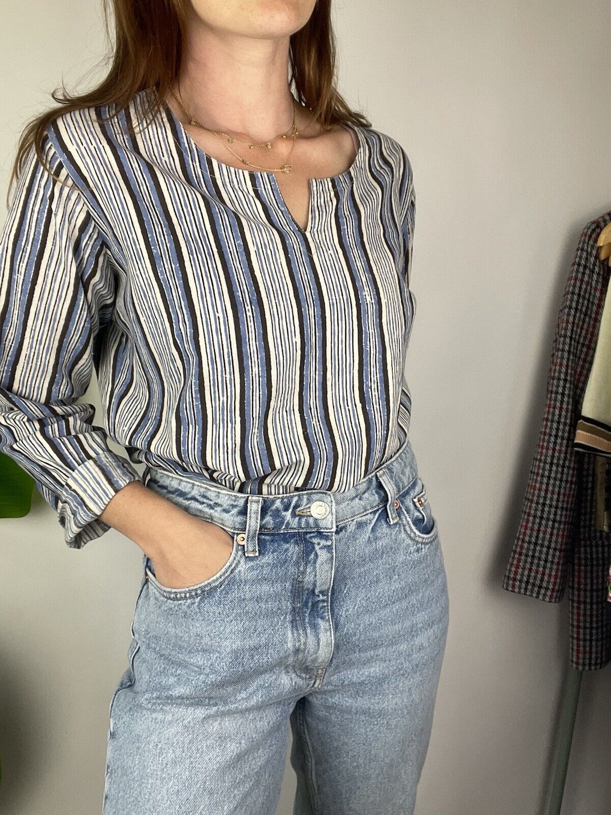 Size L 12-16 Blue Boho Ethnic Striped Cotton Tunic Top Fabindia