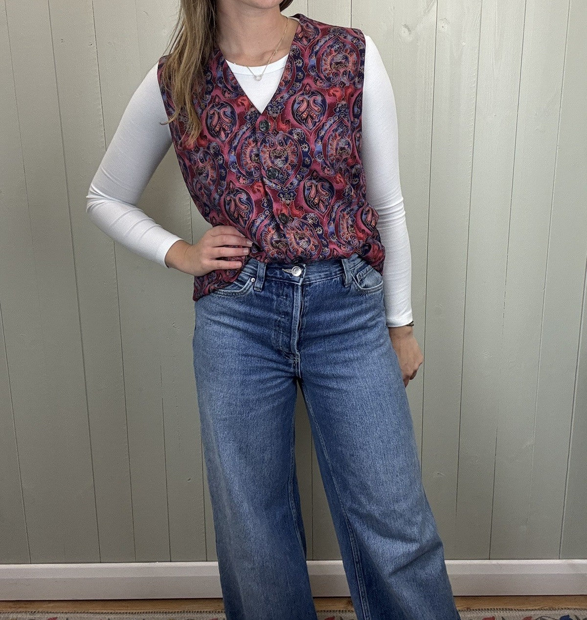 Vintage 90s Size M 8-10 Pink Purple Witchy Boho Waistcoat Top New York News