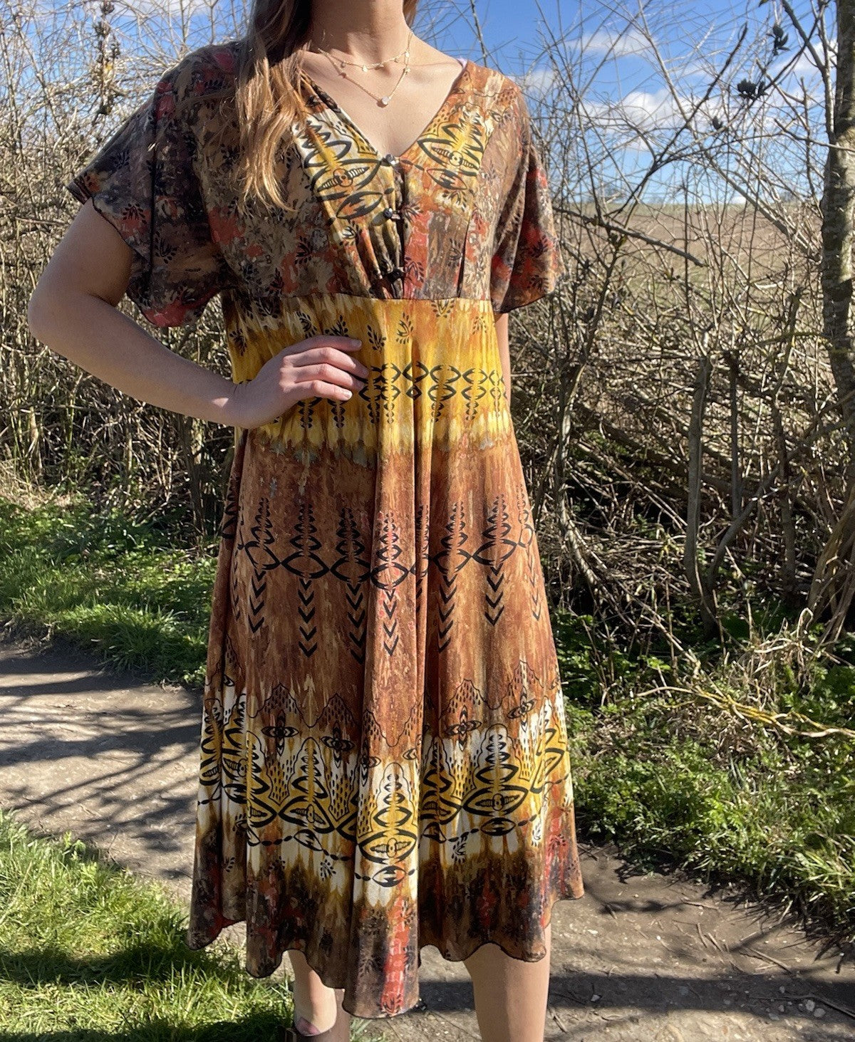 Vintage Size L 12-16 Boho Hippie Tie Dye Summer Midi Dress Lady Cactus