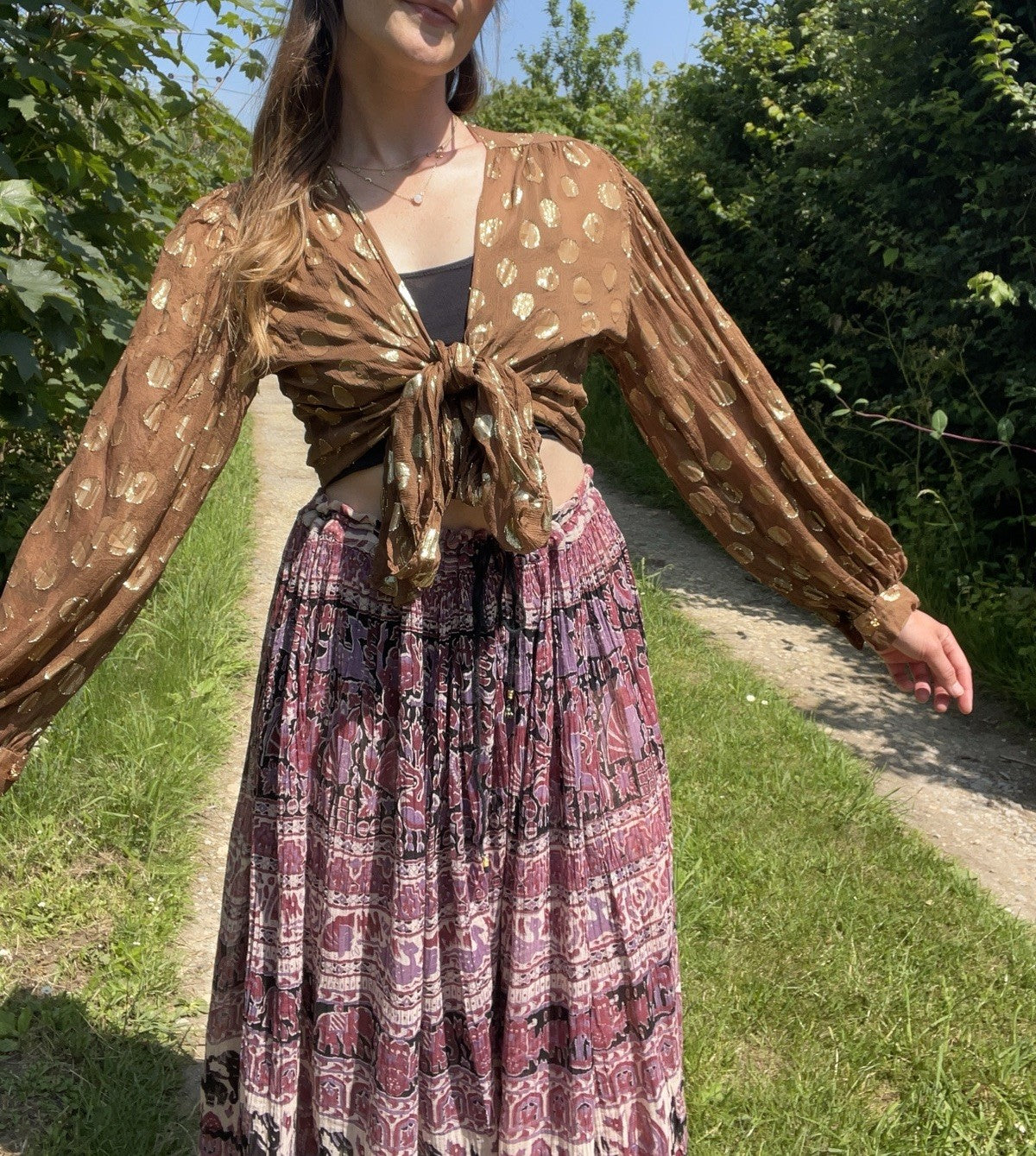 Vintage Free Size 6-16 Brown & Gold Metallic Sparkly Boho Gypsy Tie Top