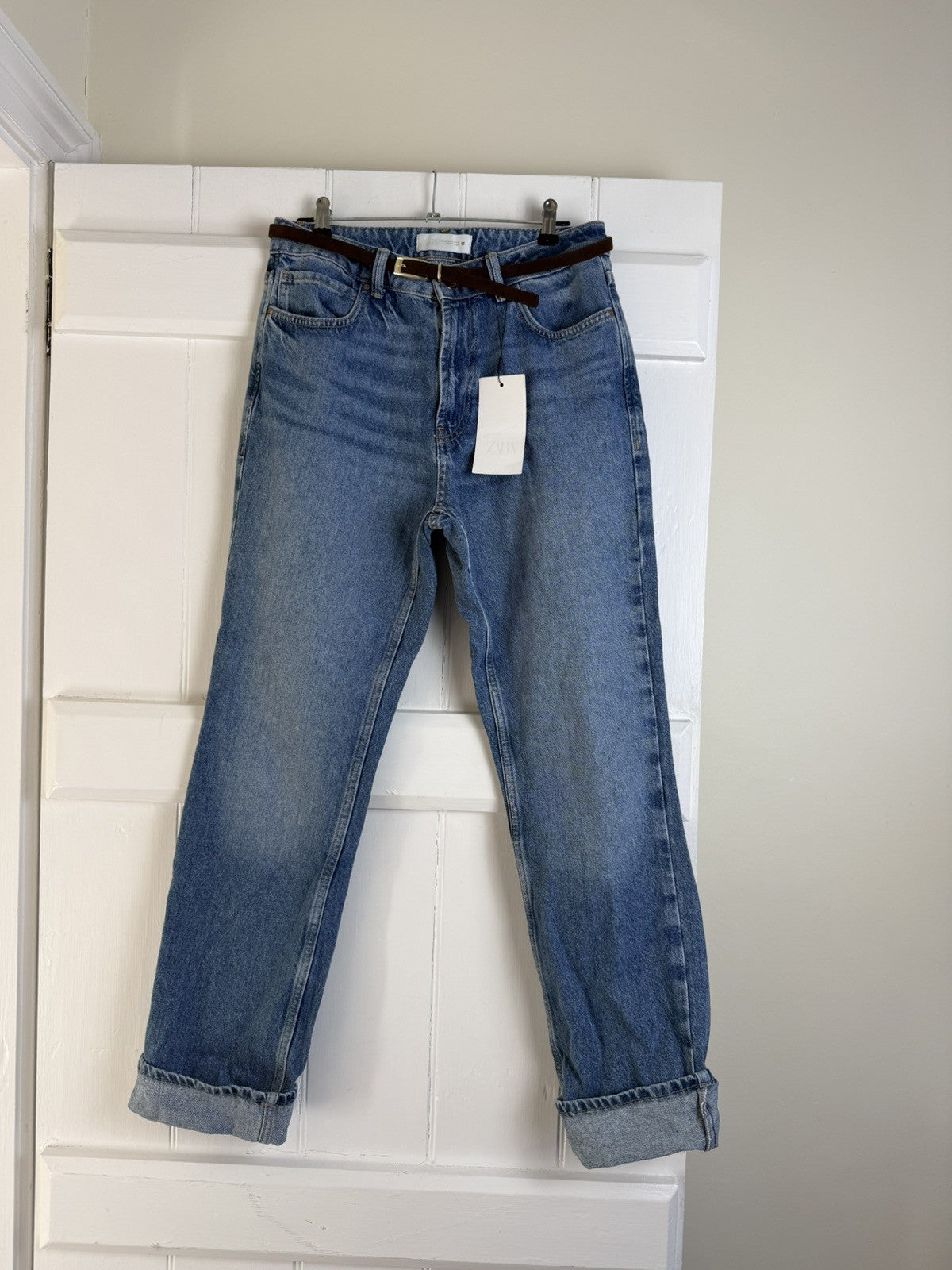 BNWT Size S 8-10 Blue Mid-High Rise Belted Straight Leg Zara Jeans