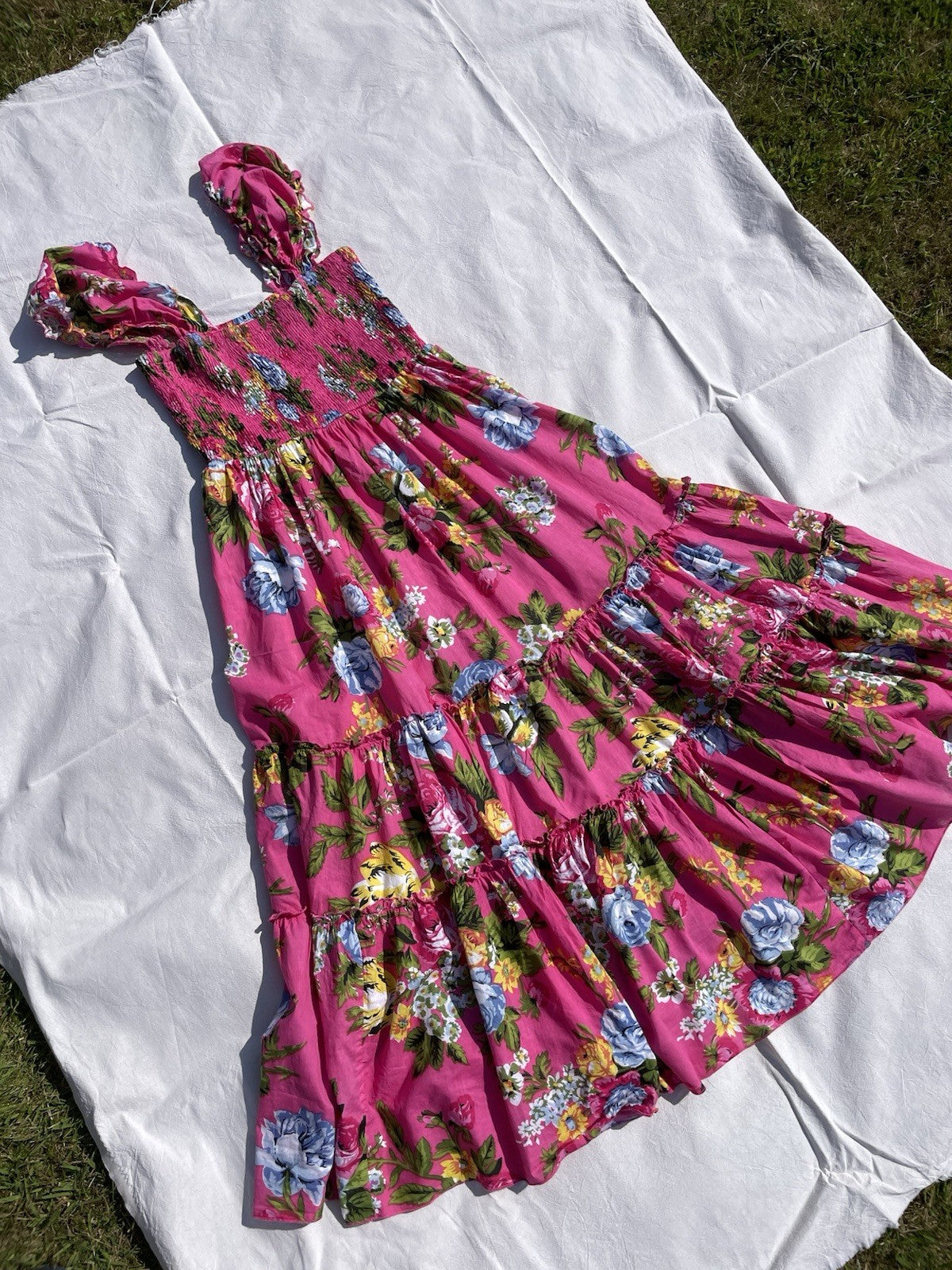 Vintage Free Size 6-20 Boho Pink Floral Tiered Summer Midi Dress Rapp