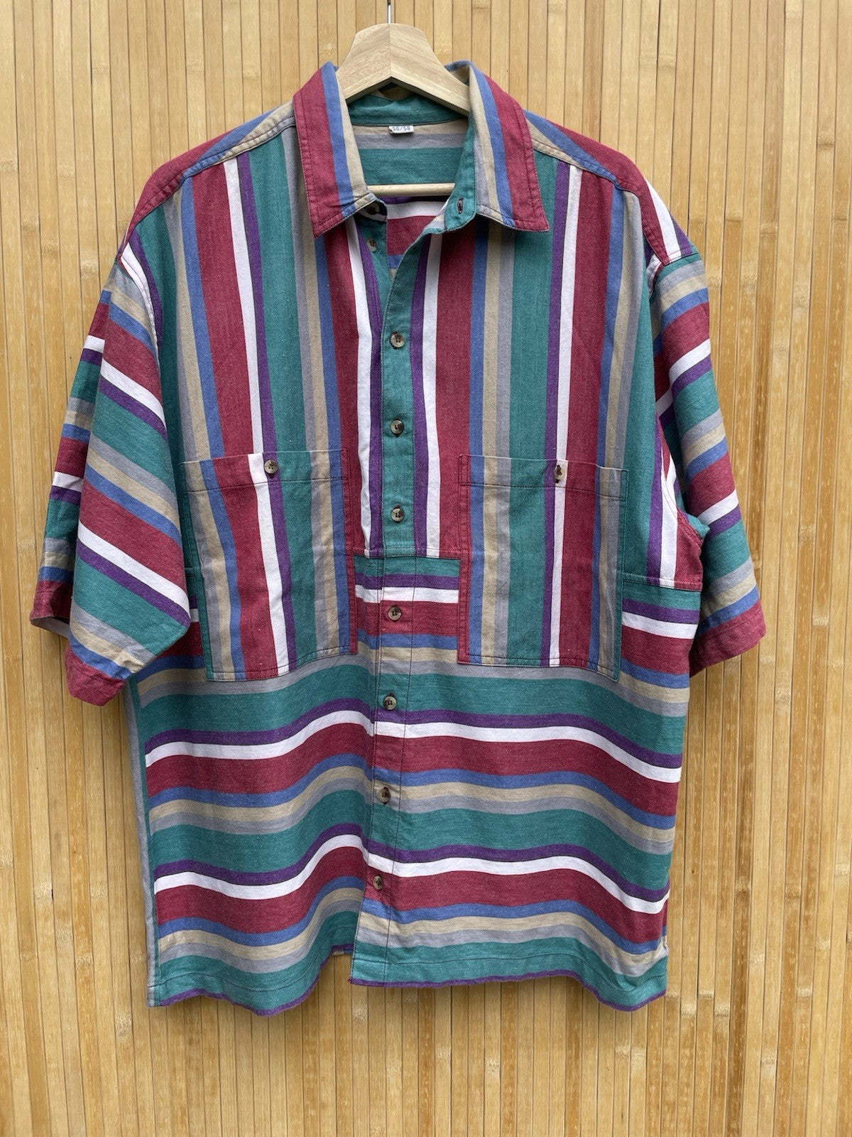 Vintage Size 3XL 18-22 Green Multi Stripe 100% Cotton Short Sleeve Shirt
