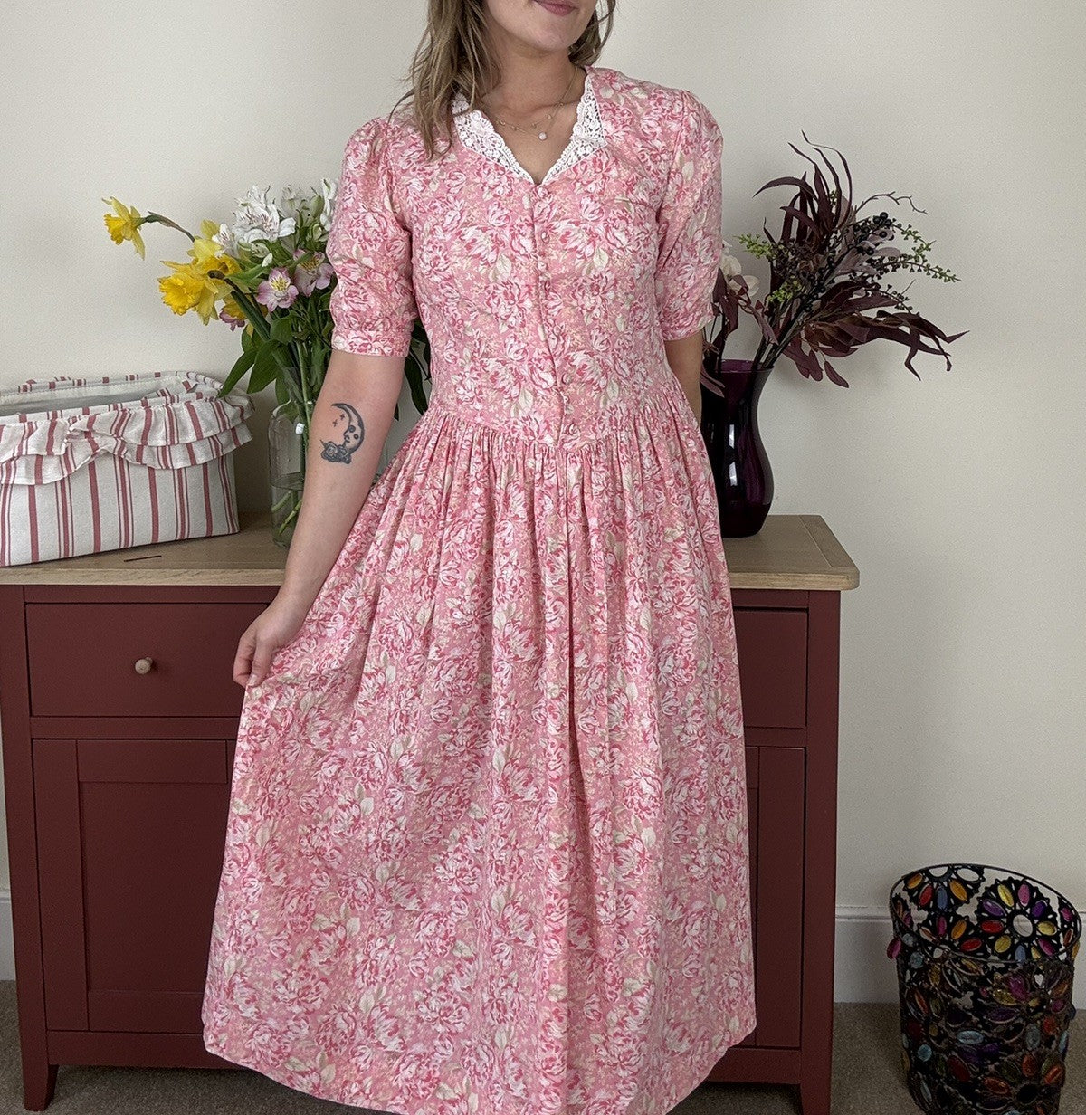 Vintage Size 8 Pink Romantic Floral Cotton Laura Ashley Midi Prairie Dress