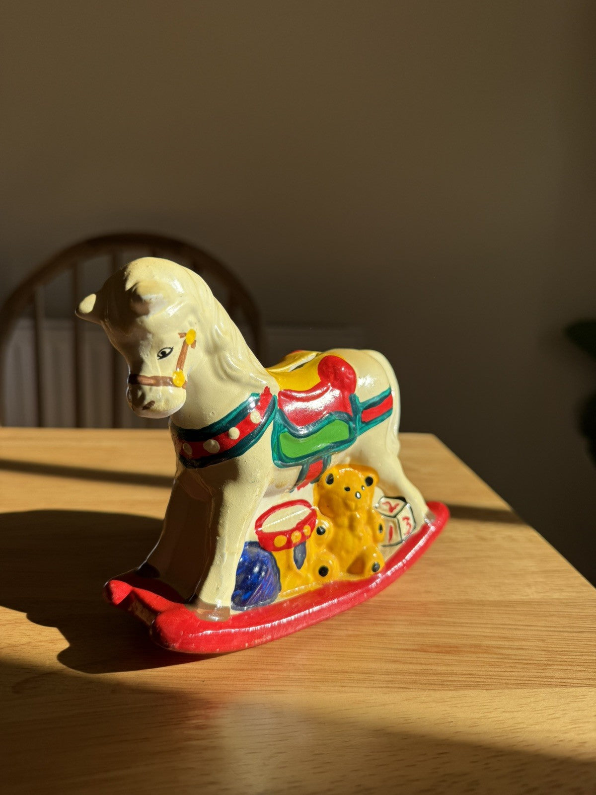 Vintage 1980s Handpainted Ceramic Rocking Horse Piggy Money Bank