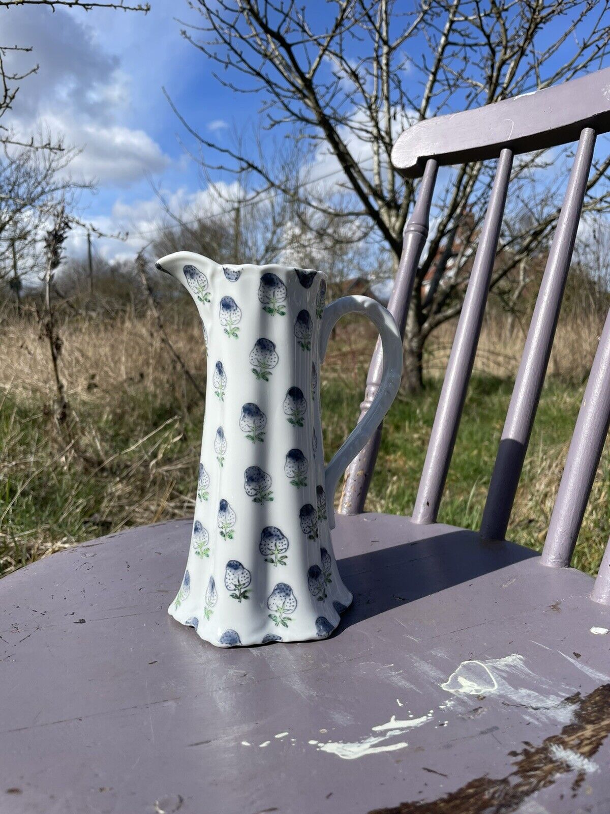 Vintage Handpainted Blue Strawberry Patterned Hong Kong Jug Vase
