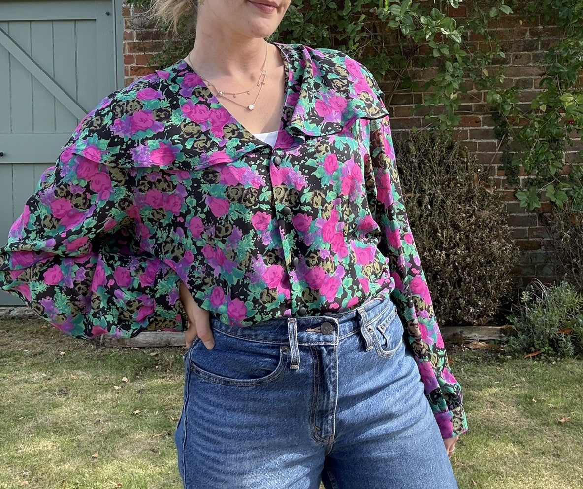 Vintage 80s Size M 12-14 Black Pink Floral Oversized Collar Blouse Reflections