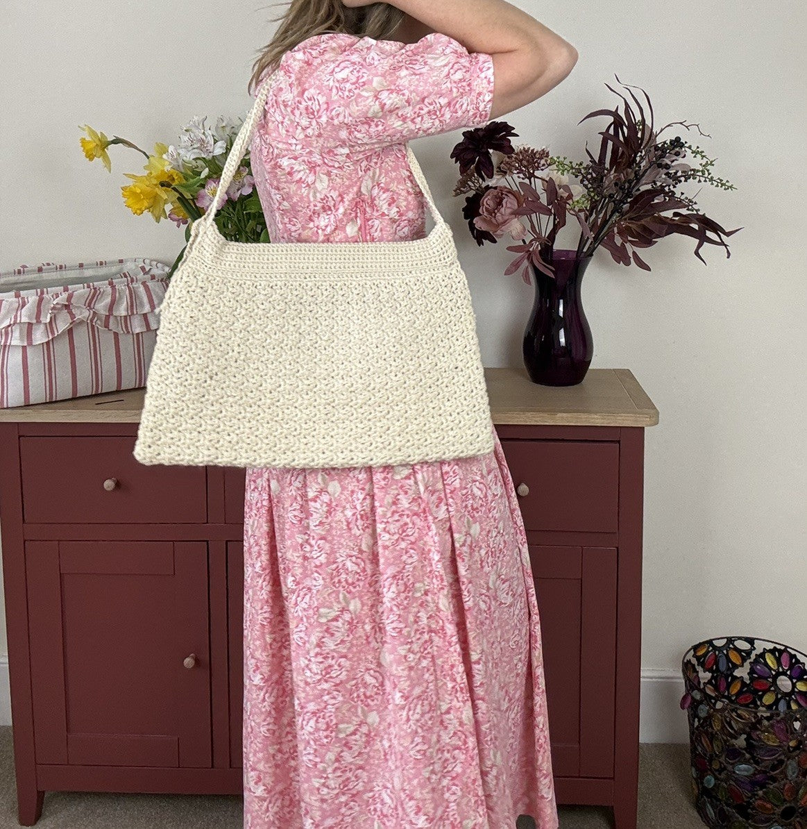 Vintage Cream Crochet Knit Shoulder Bag