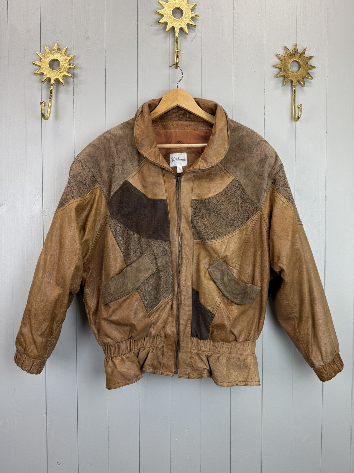 Vintage 80s Size 2XL 14-20 Brown Patchwork Leather Jacket Kent Street