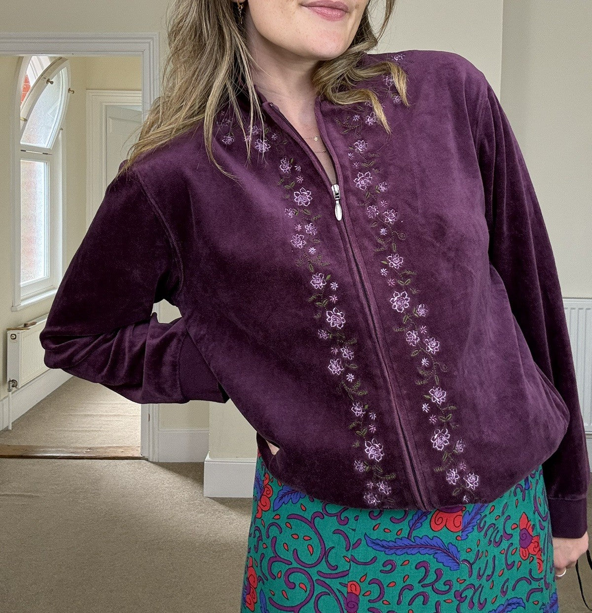Vintage Size M 12-14 Purple Velour Embroidered Zip Cardigan by Carroll Reed