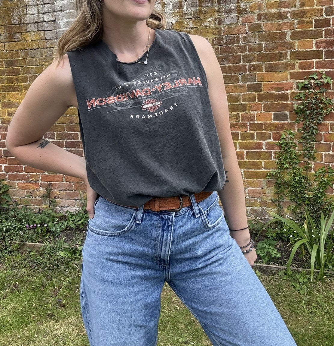 Vintage Size L 8-14 Dark Grey Distressed Harley Biker Tank Top Tee