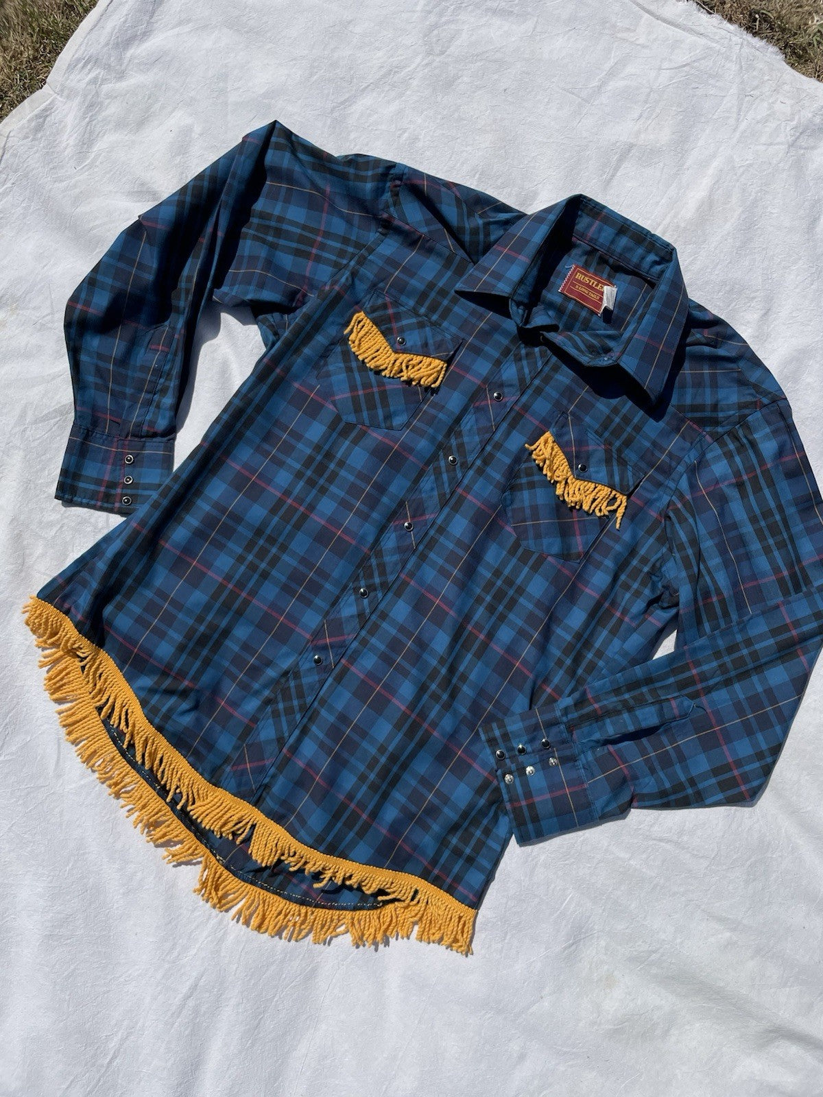 Vintage Size 2XL 16-20 Navy Check Fringed Western Shirt/Overshirt Rustler