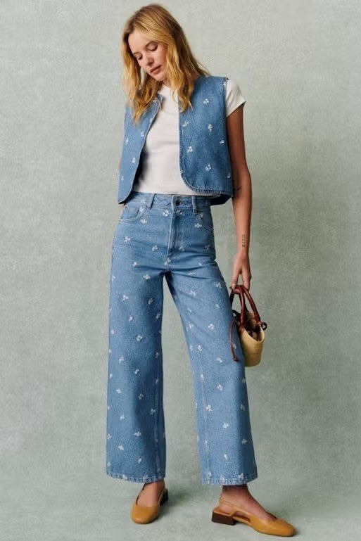 Size XS 6-8 Sezane Blue Floral Embroidered Le Crop Jean & Abbyna Waistcoat Set