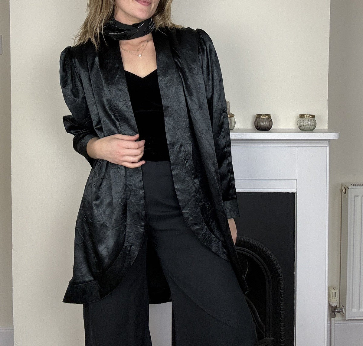 Vintage 80s Free Size 8-20 Black Satin Blouse Jacket Deborah Nikolas