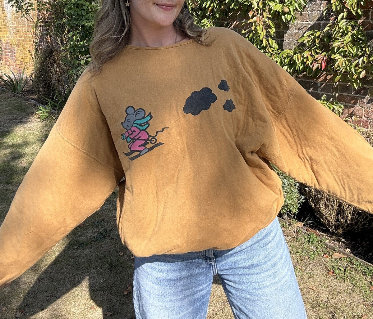 Vintage Size XL 14-22 80s Yellow Skiing Mice Lined Sweatshirt Jumper