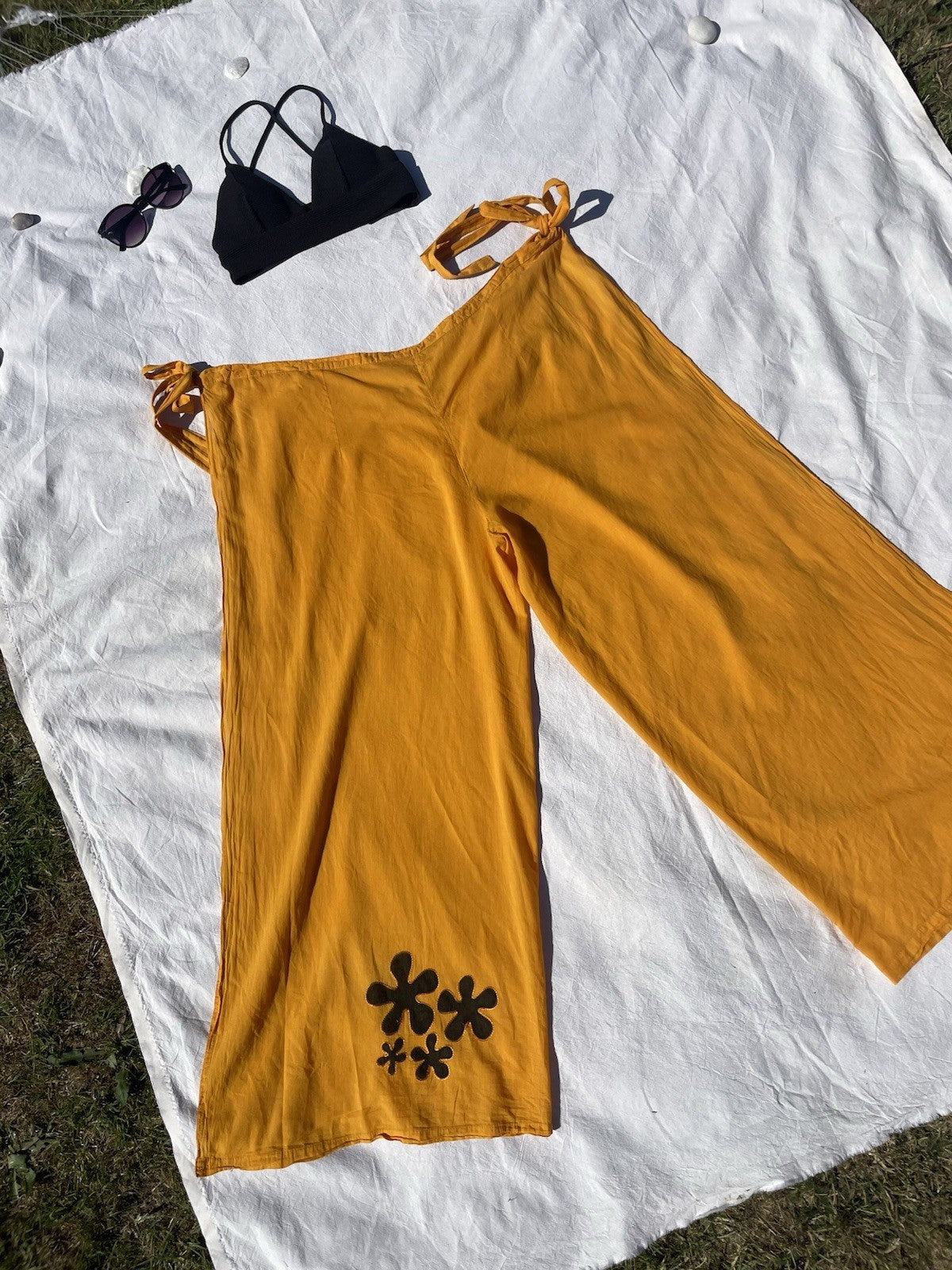 Vintage 90s Free Size 12-22 Orange Flower Power Wide Leg Beach Cover Trousers
