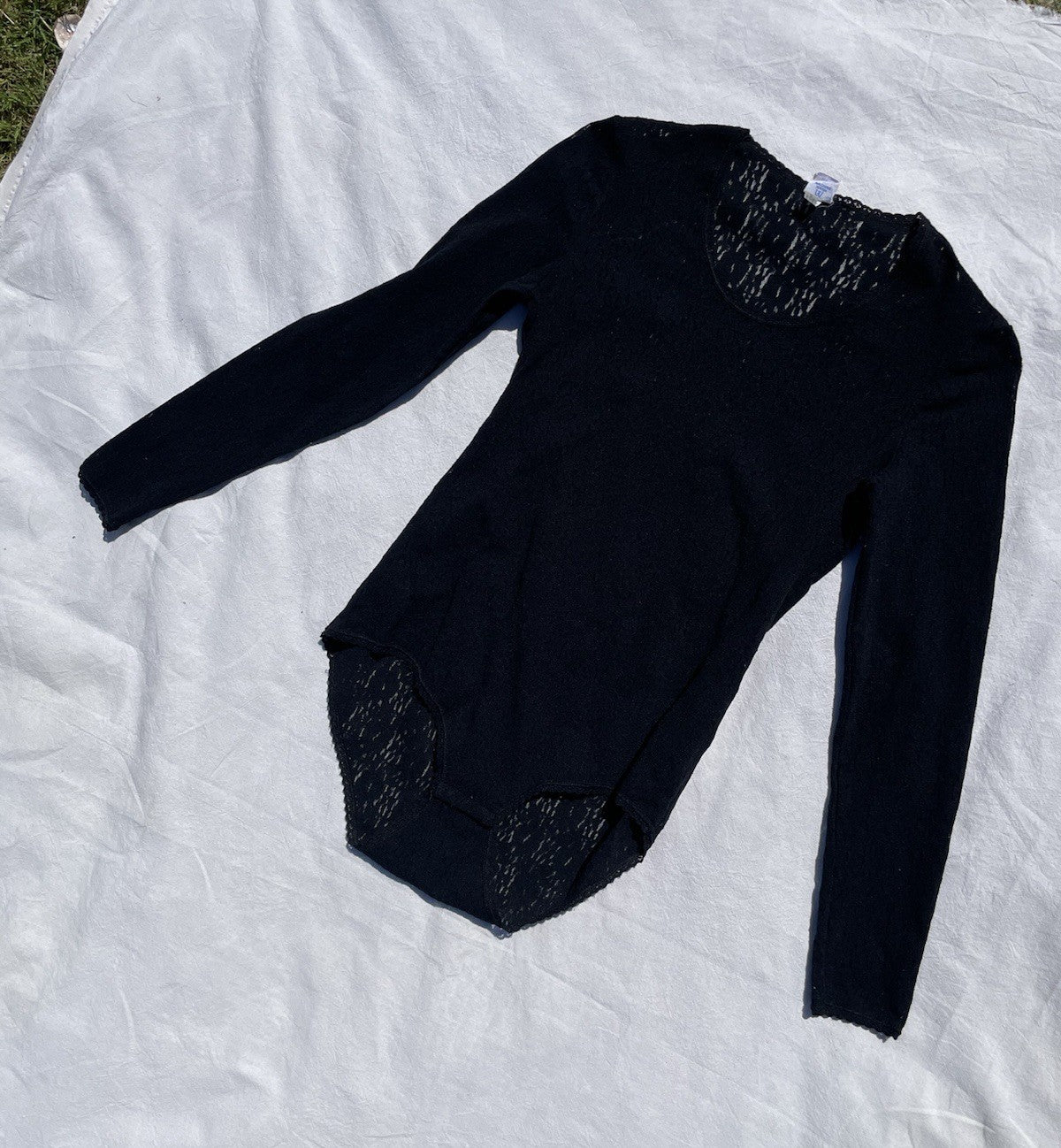 Vintage 80s Size M 10-12 Black Lacy Long Sleeve Bodysuit St Michael