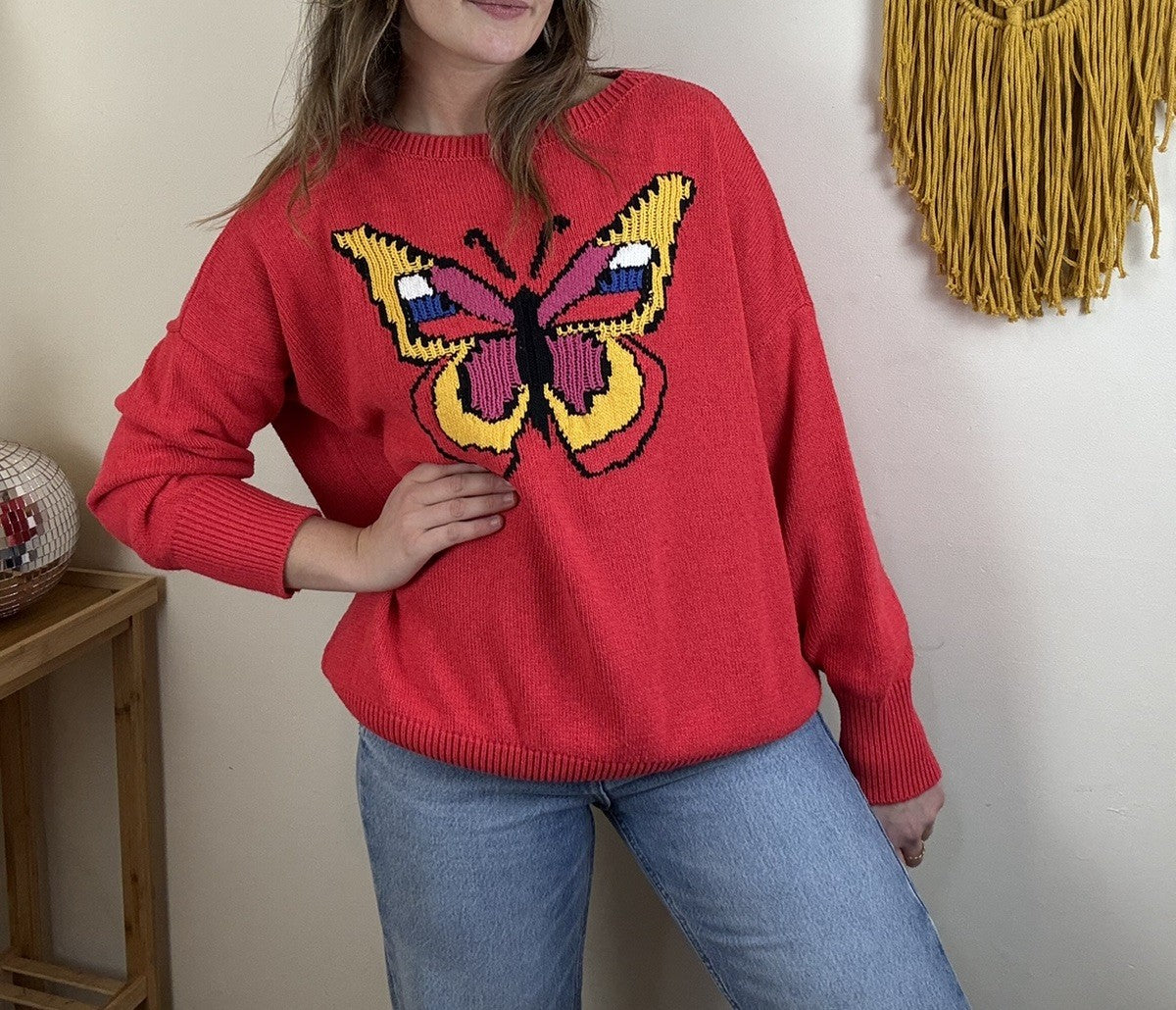 Size 2XL 14-22 Coral Red Butterfly Front Fine Knit Jumper Benetton