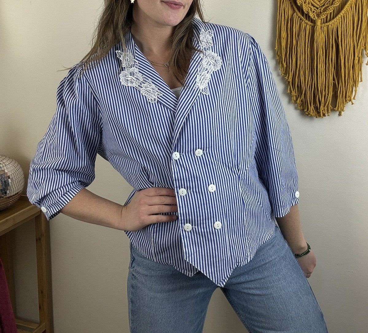 Vintage Size L 12-14 Blue Striped Cotton Lace Collar Blouse