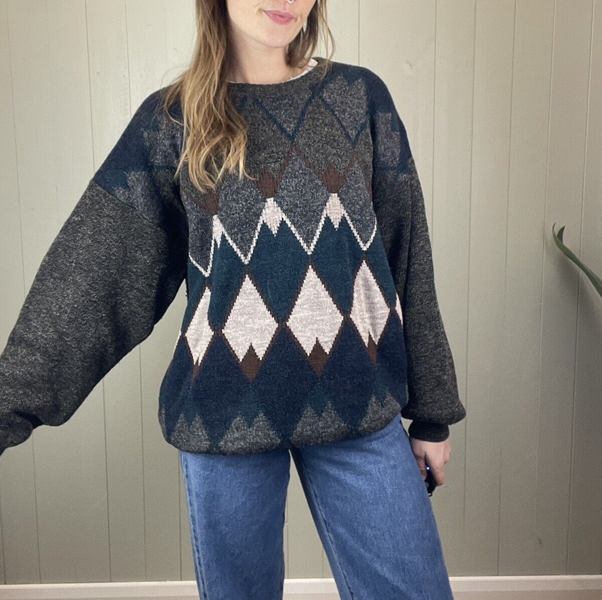 90s Size 2XL 16-20 Grey Argyle Patterned Wool Blend Knit Jumper