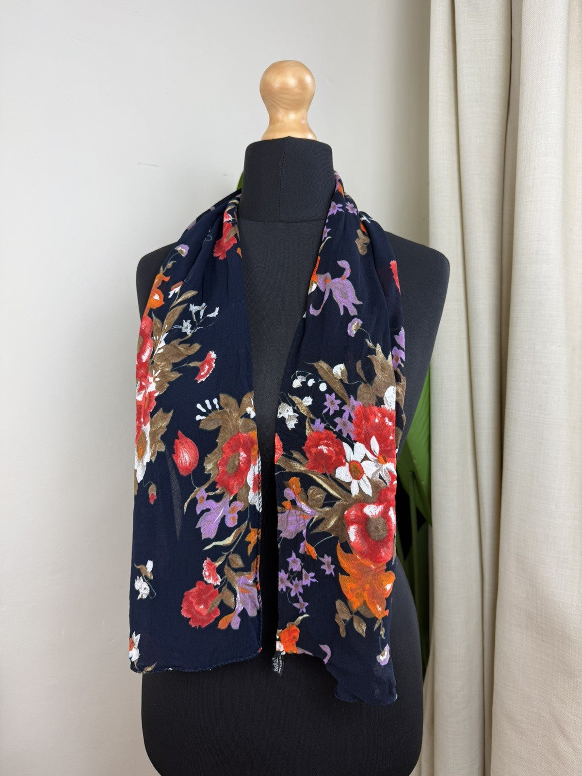 Vintage Navy Romantic Floral 100% Silk Neck Scarf