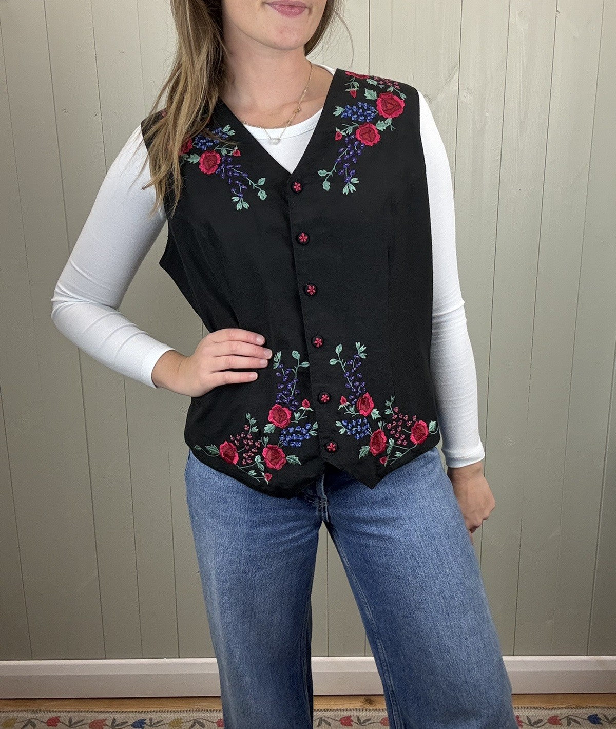 Vintage Size L 12-14 Black Flower Embroidered Waistcoat Monsoon