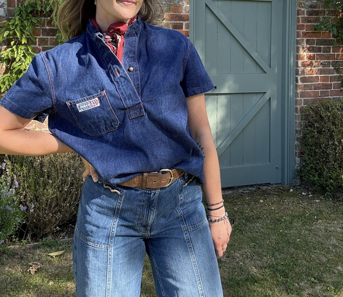 Vintage Size M 10-14 Indigo Western Denim Short Sleeve Shirt/Top Rica Lewis