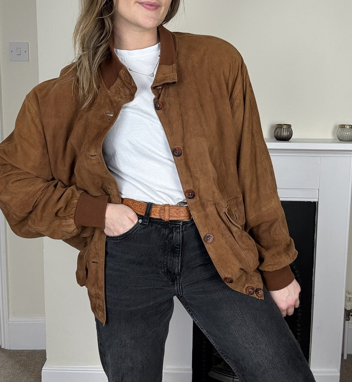 Vintage Size XL 12-16 Tan Brown Genuine Suede Leather Bomber Style Jacket