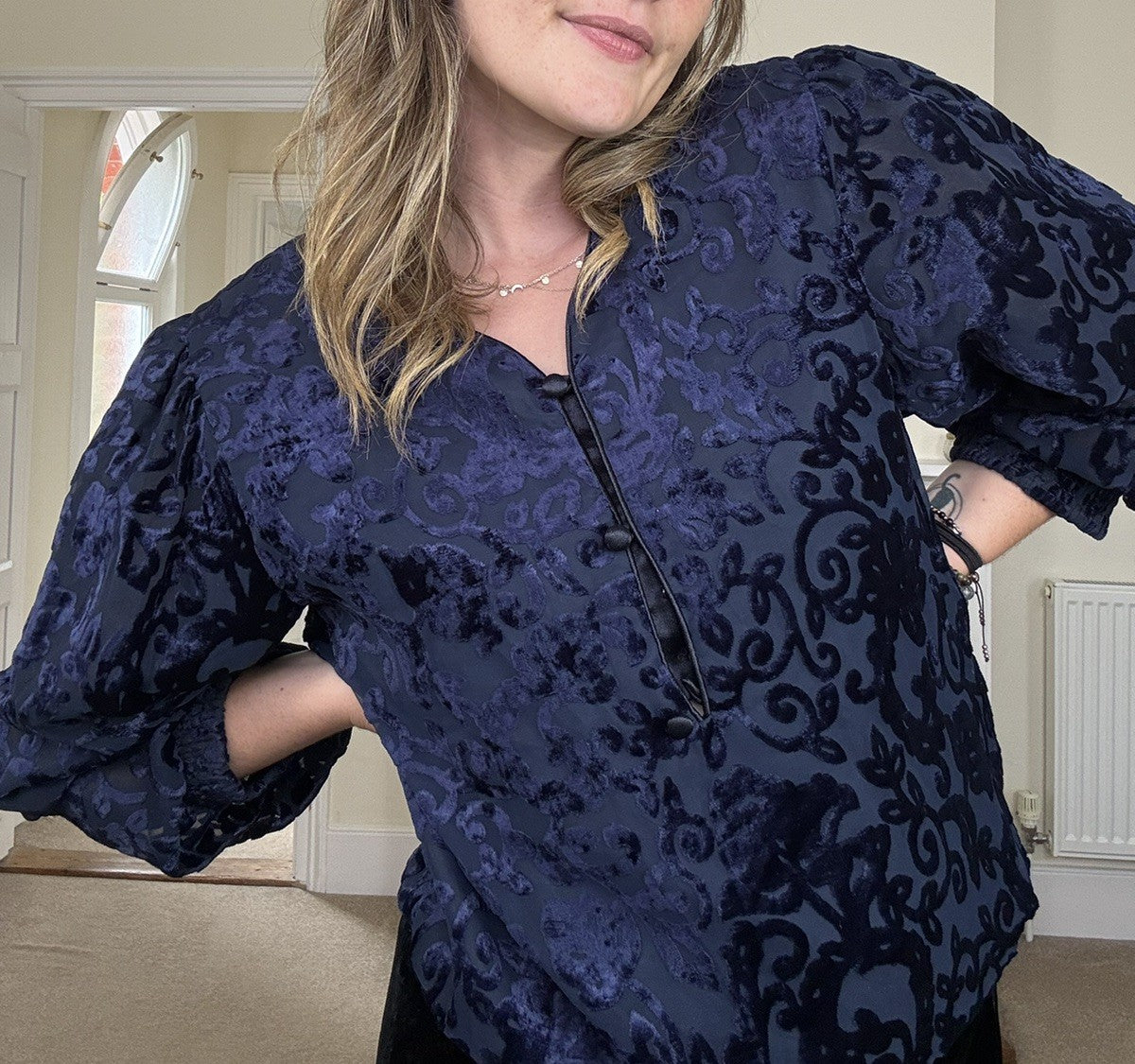 Vintage Size M 10-12 80s Navy Devoré Velvet Blouse by Kanga Collection