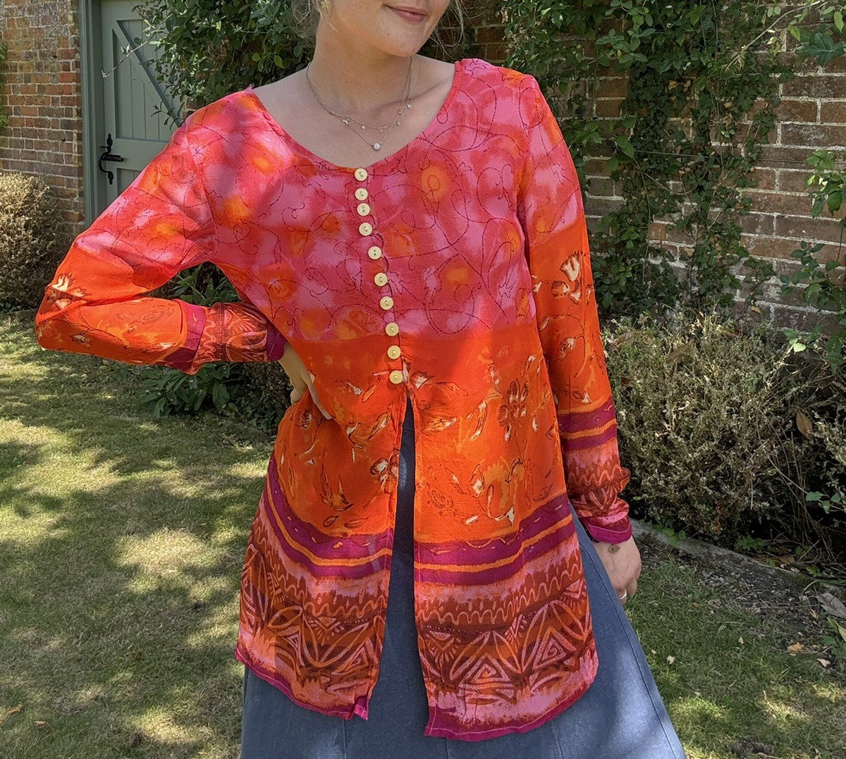 Vintage 90s Size 6-12 Red Orange Boho Hippy Summer Blouse Lindissima