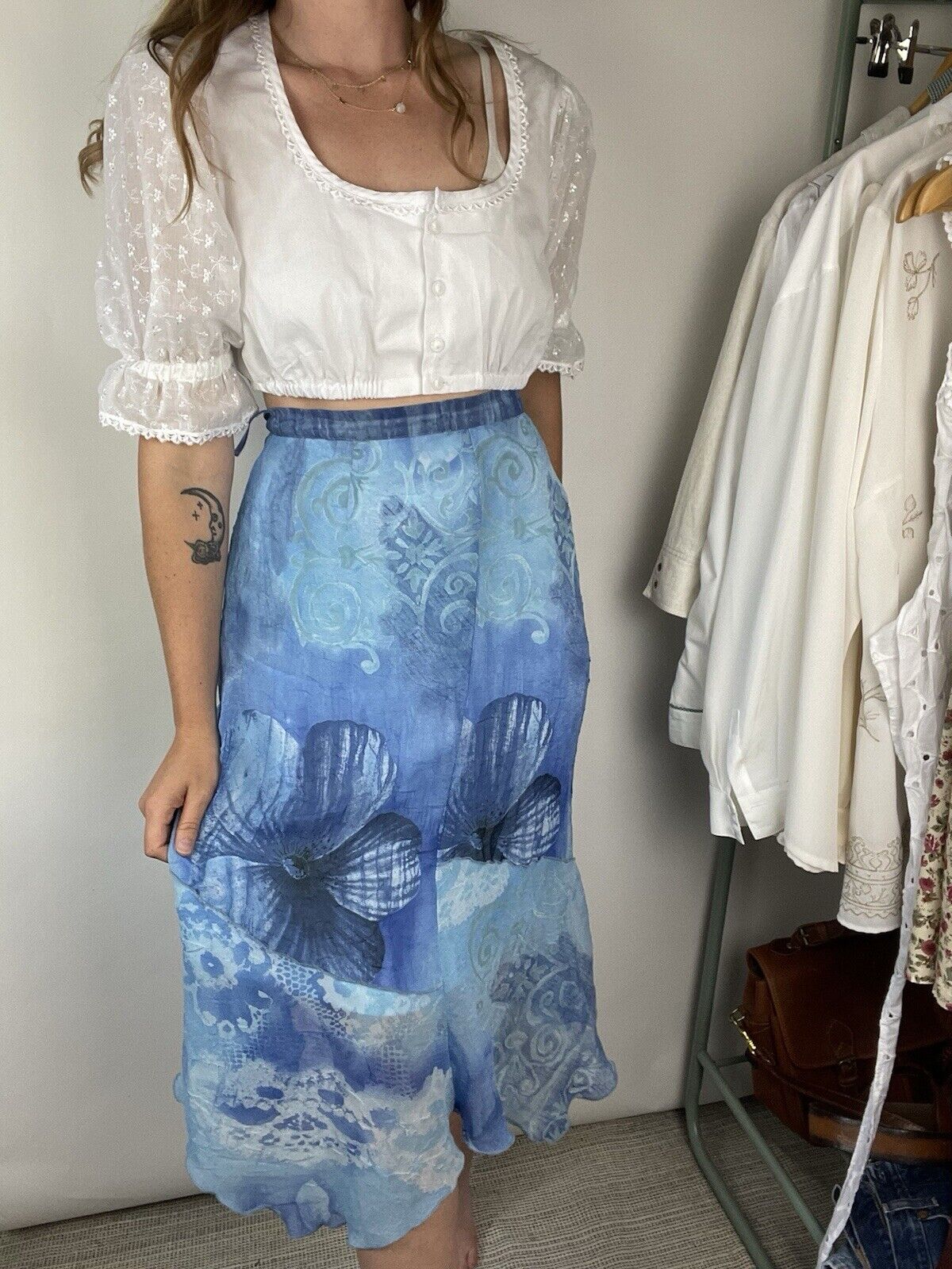 Vintage 90s Size L 12-14 Blue Boho Flower Fairy Gypsy Midi Skirt Tilber