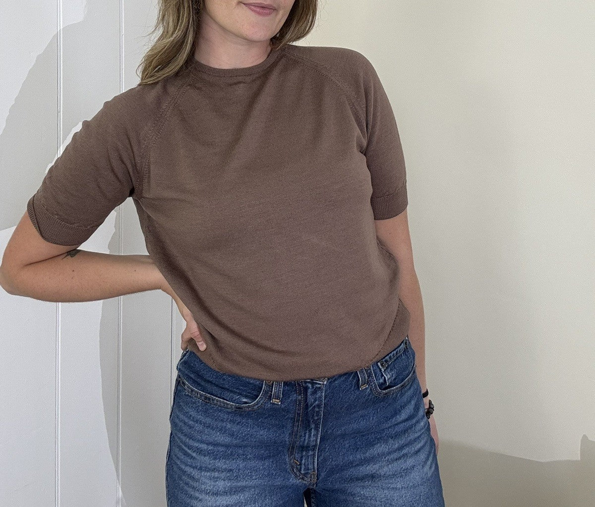 Vintage 60s M 8-12 Brown Pure Wool Short Sleeve Fine Knit Jumper by Wolsey