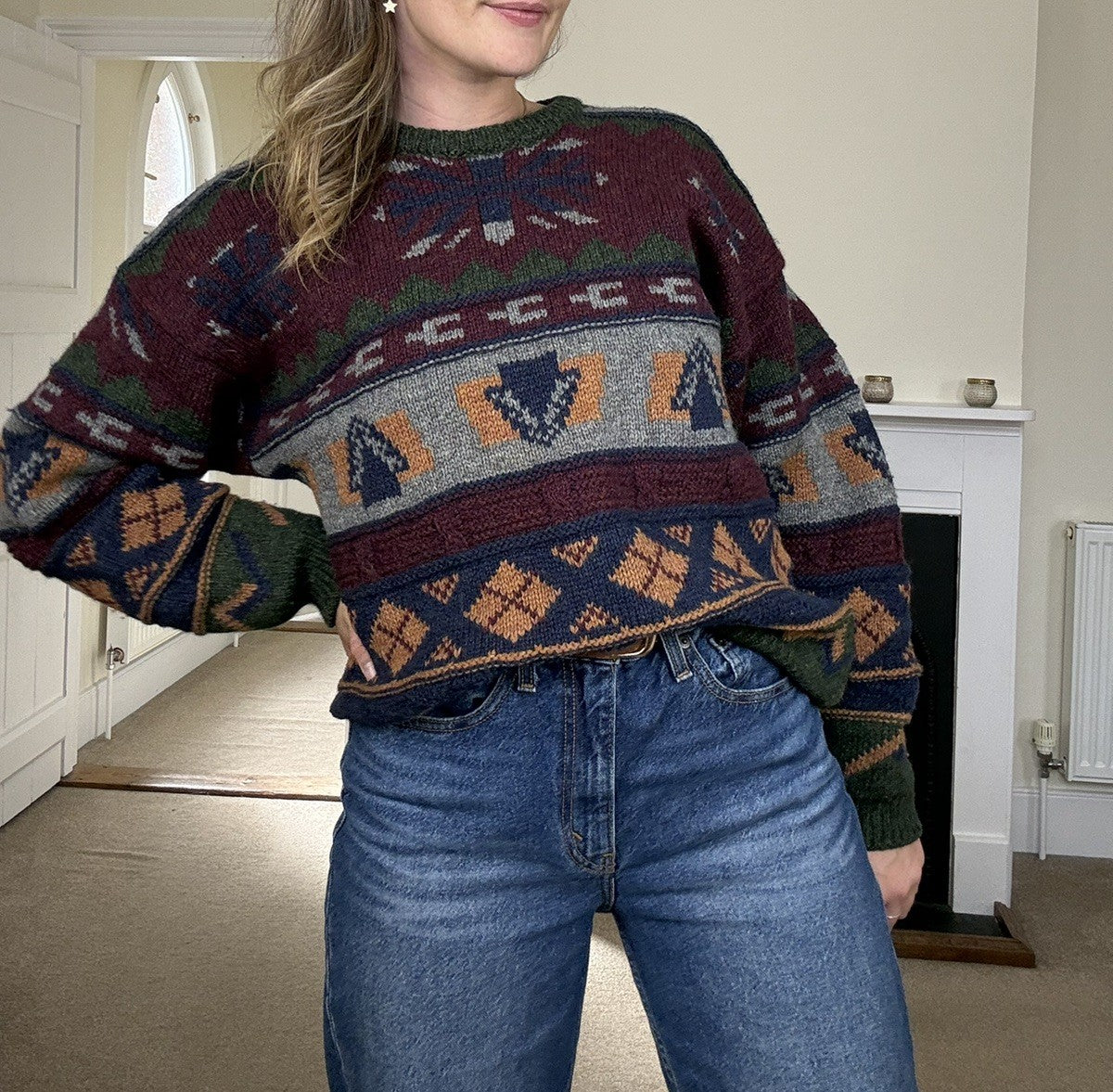Vintage Size L 14-18 Dark Green Patterned Chunky Knit Pure Wool Jumper Gaeltarra