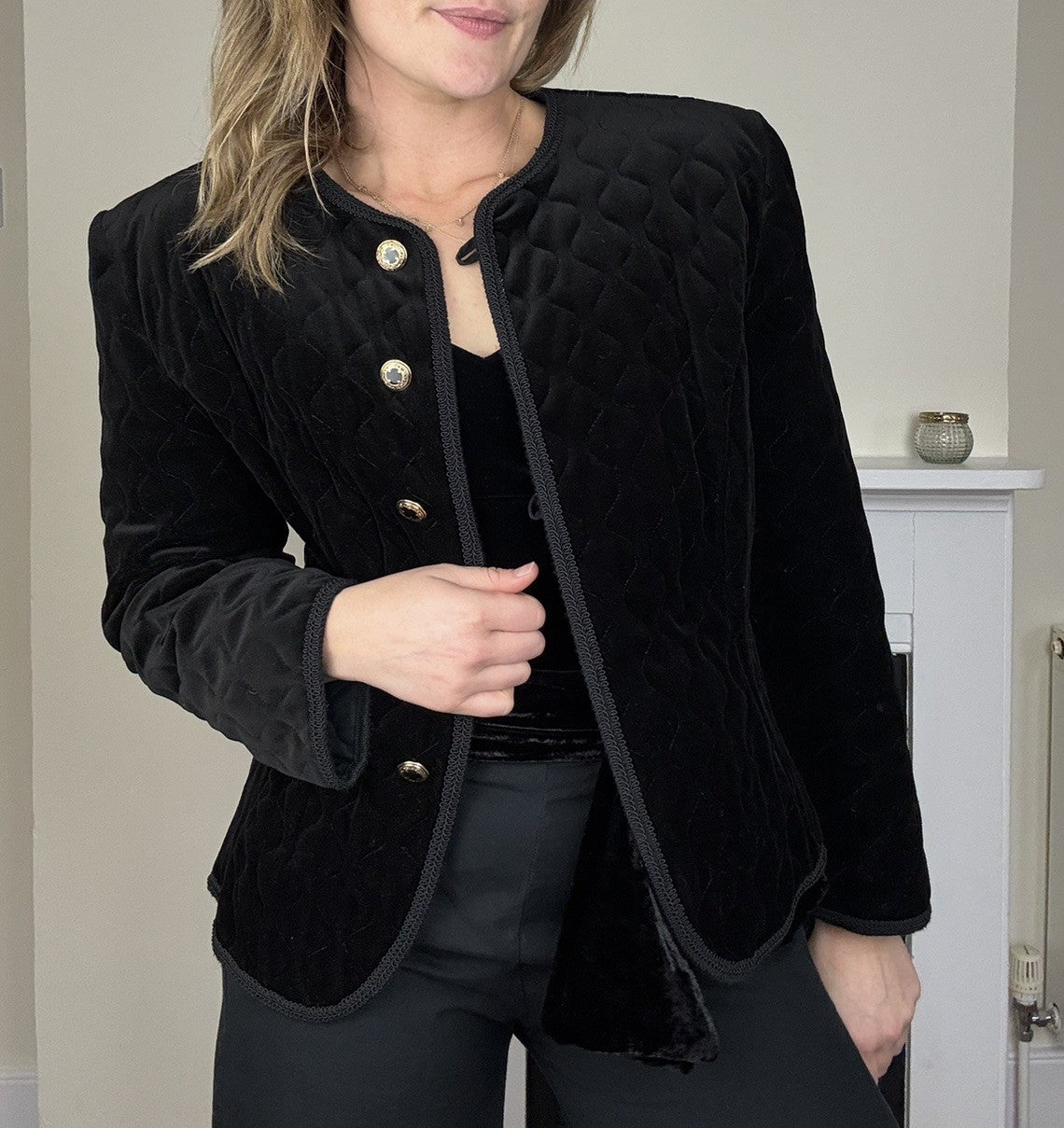 Vintage Size M 10-12 Black Velvet Quilted Jacket St Michael