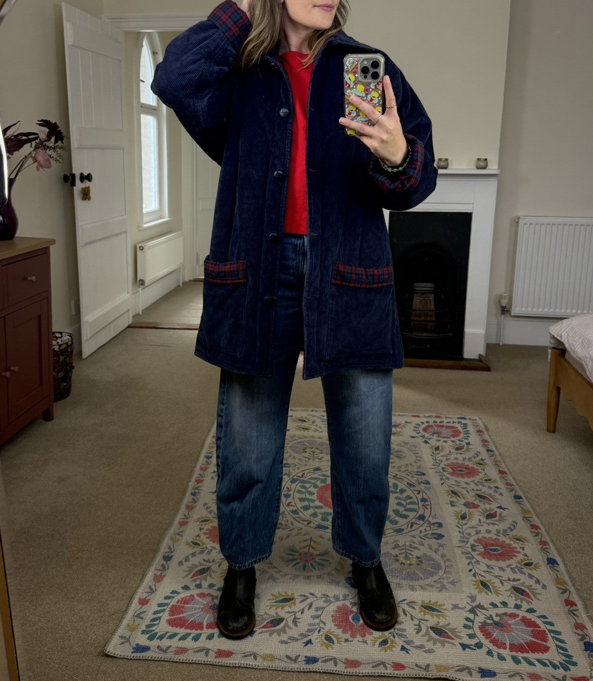 Vintage Size M 8-14 Navy Cord Padded Coat Handmade by Angela Wykeham