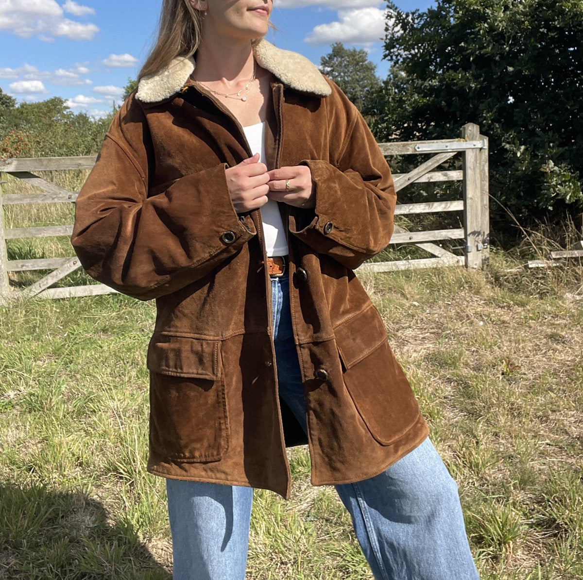 Vintage Size 2XL 14-20 Tan Brown Suede Longline Trucker Coat Dockston