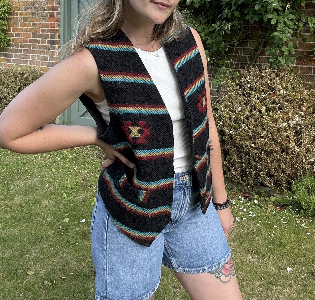 Vintage Size M 10-14 Black Boho Hippy Wool Handmade Waistcoat