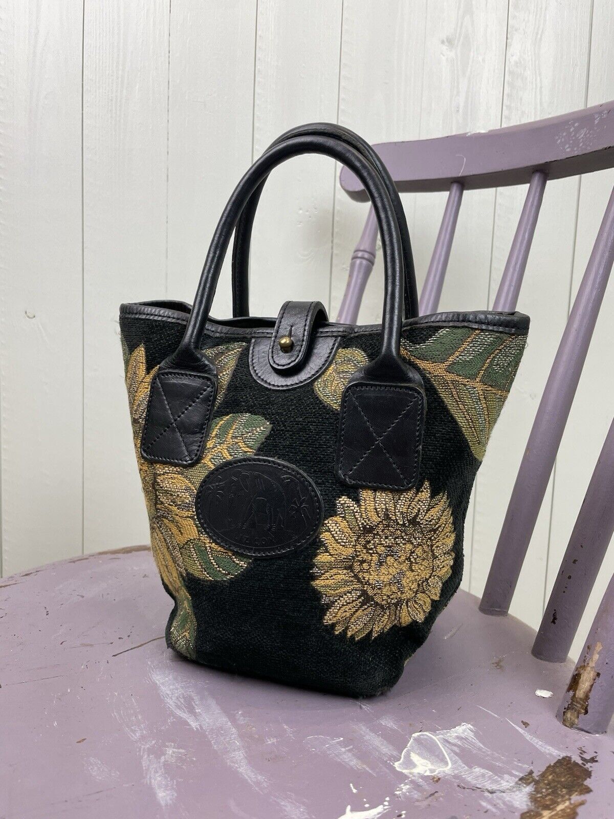 Vintage Black Sunflower Leather Trim Tapestry Handbag Liz Cox