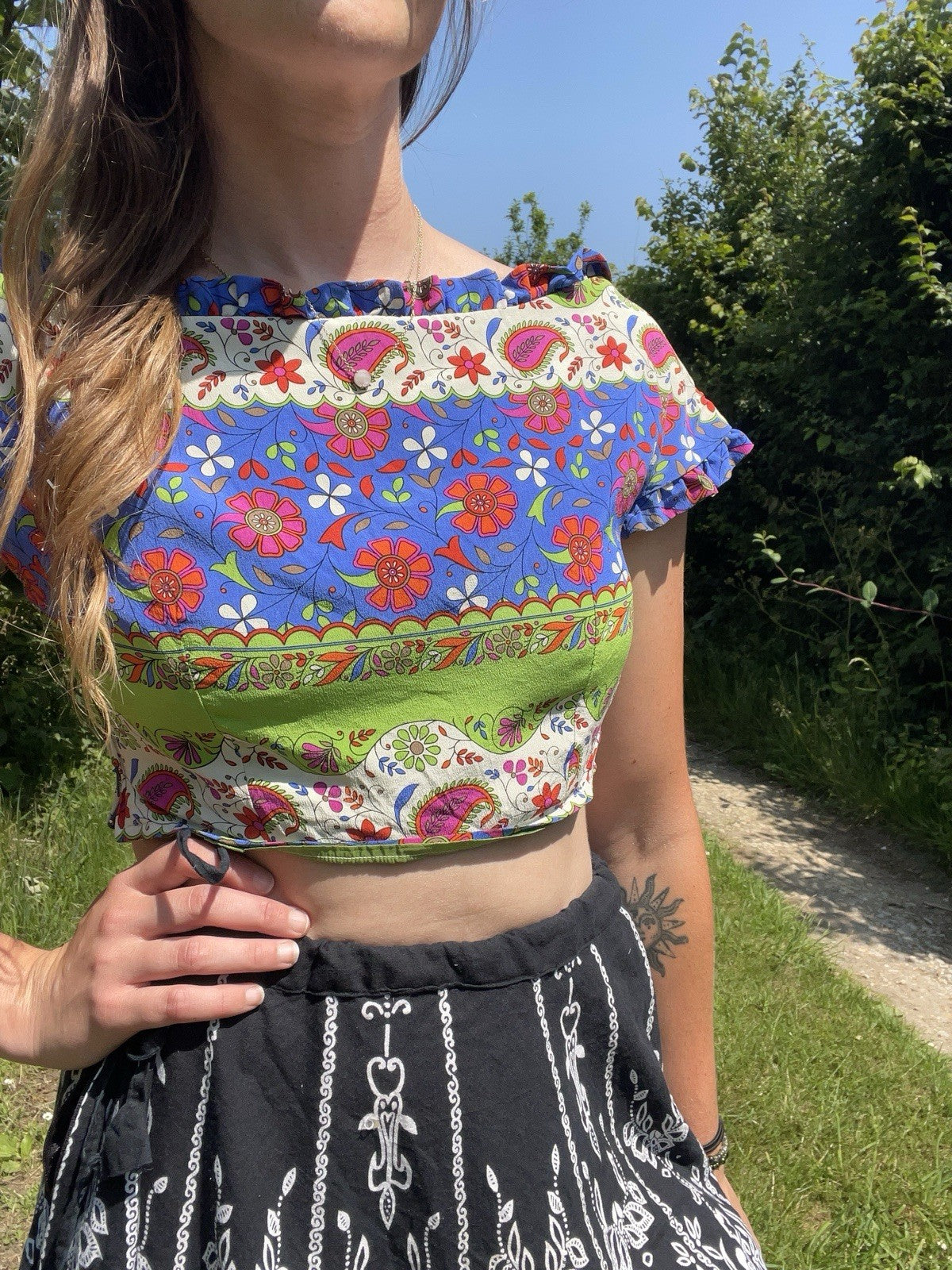 Vintage Size XS 6 Blue Green Gypsy Floral Boho Crop Top