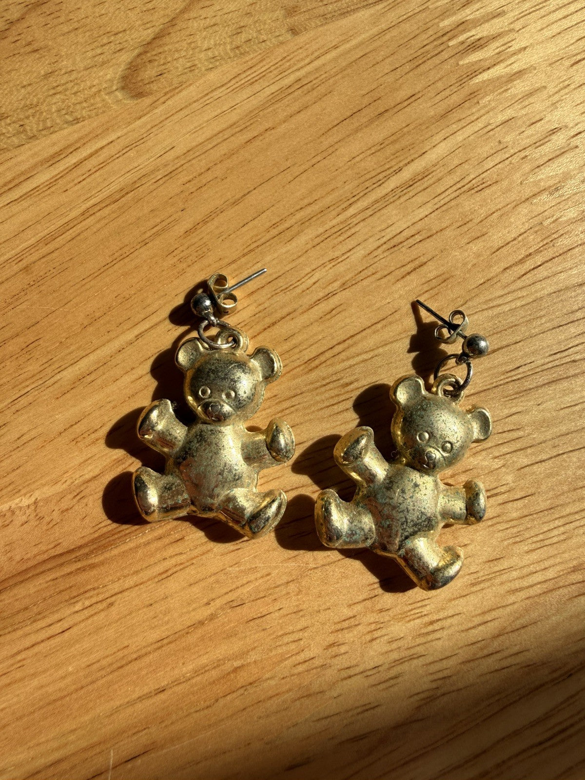Vintage 1980s Gold Plated Teddy Bear Drop Dangle Earrings