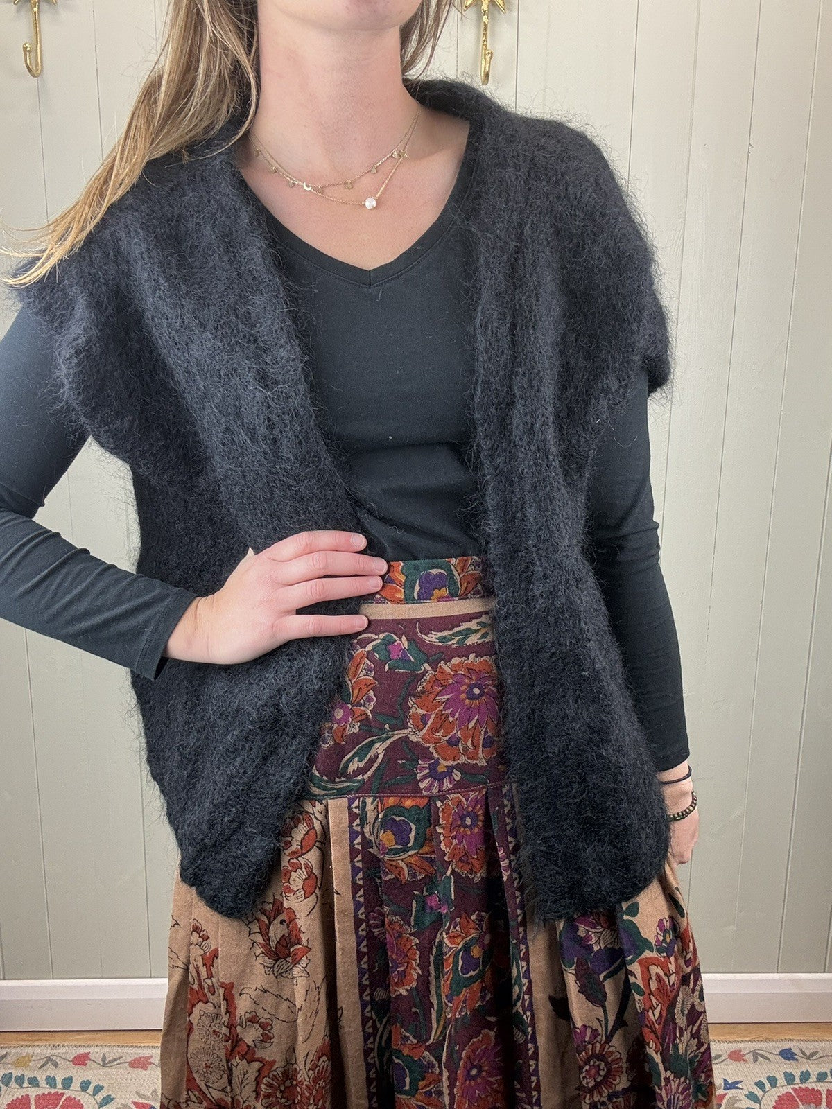 Vintage Size 3XL 14-24 Black 100% Mohair Wool Open Front Knit Vest Waistcoat