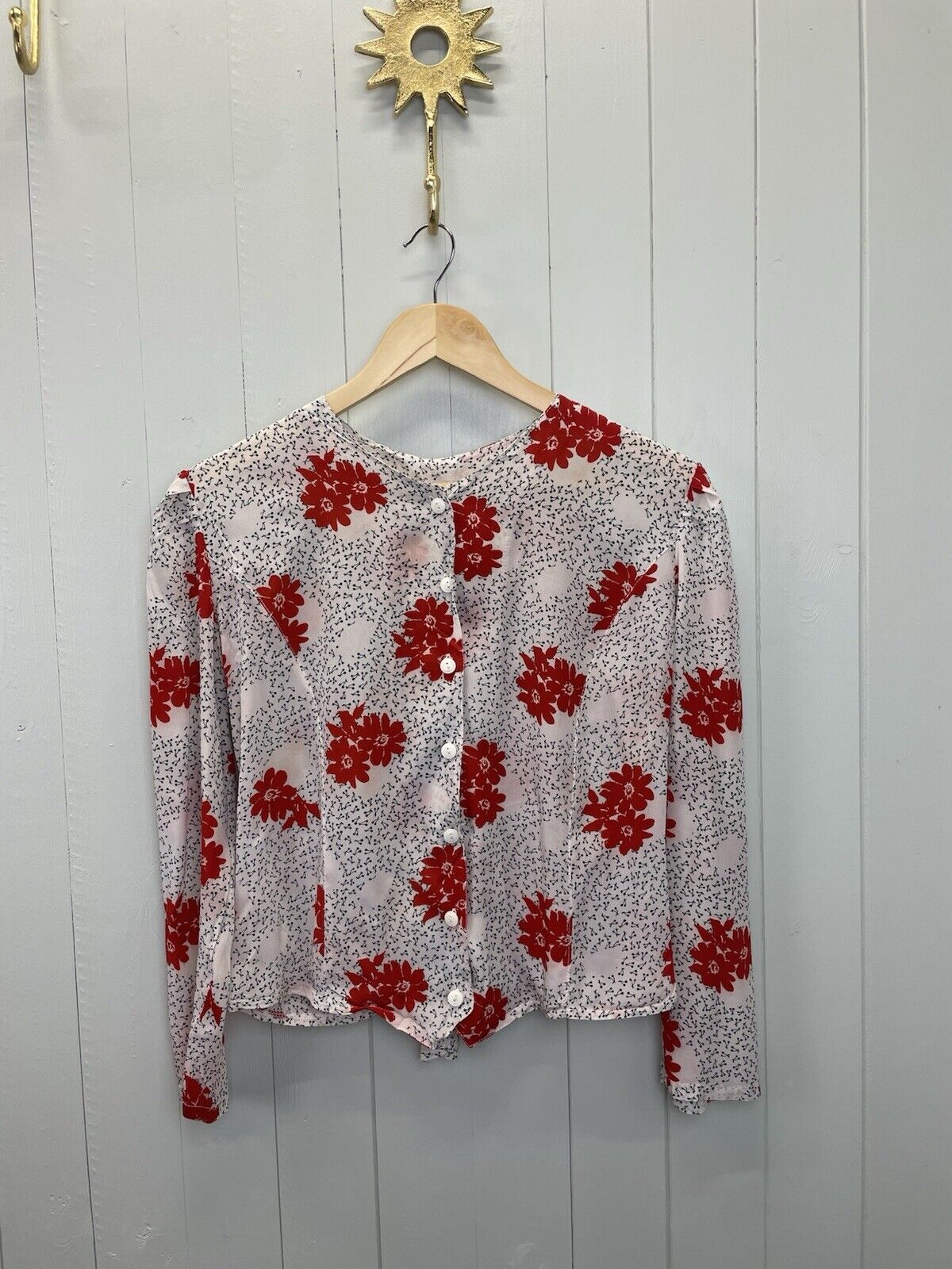 Vintage 80s Size S 6-10 Red Floral Blossom Bow Back Button Front Blouse
