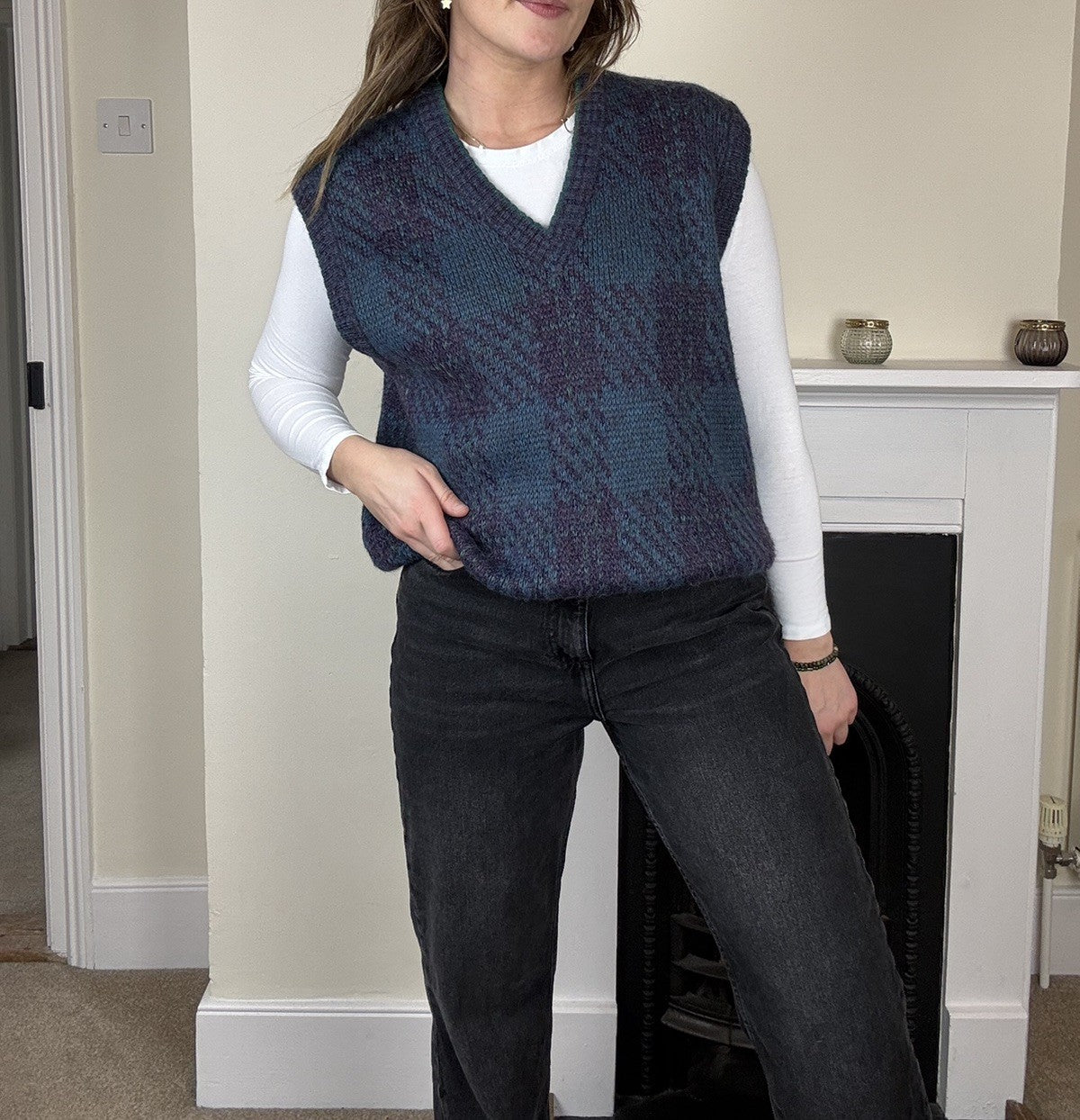 Vintage Size XL 12-16 Blue Check Mohair Wool Blend Knit Vest Tank Top