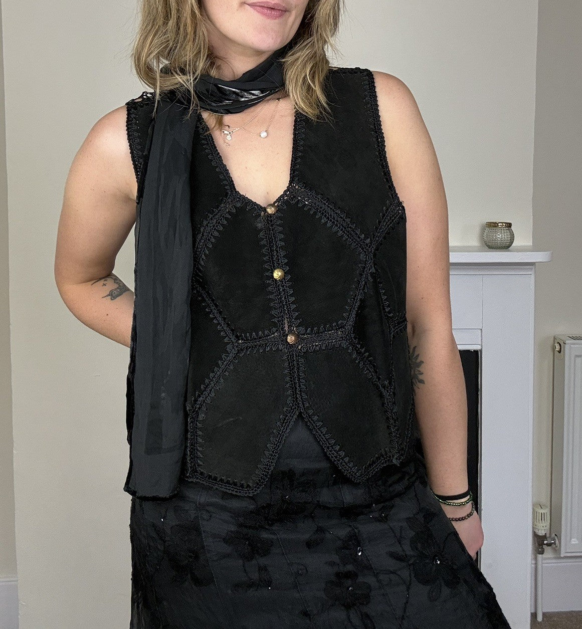 Vintage Size L 12-14 Black Boho Suede Crochet Waistcoat