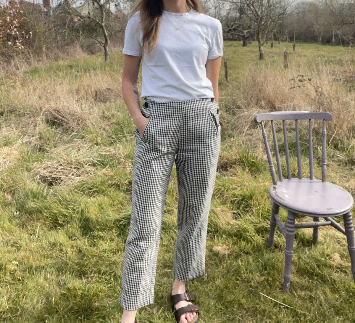 Vintage Size 12 Navy Gingham Check 100% Linen Tailored Trousers Hobbs