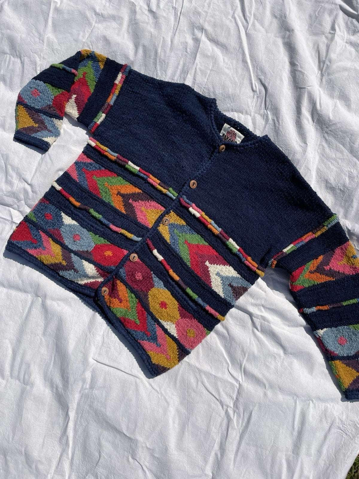 Free Size 8-20 Navy Bright Patterned Chunky Knit Wool Amano Cardigan