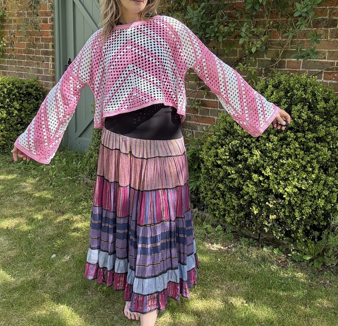 Vintage Free Size 12-22 Pink & White Flared Sleeve Crochet Knit Jumper