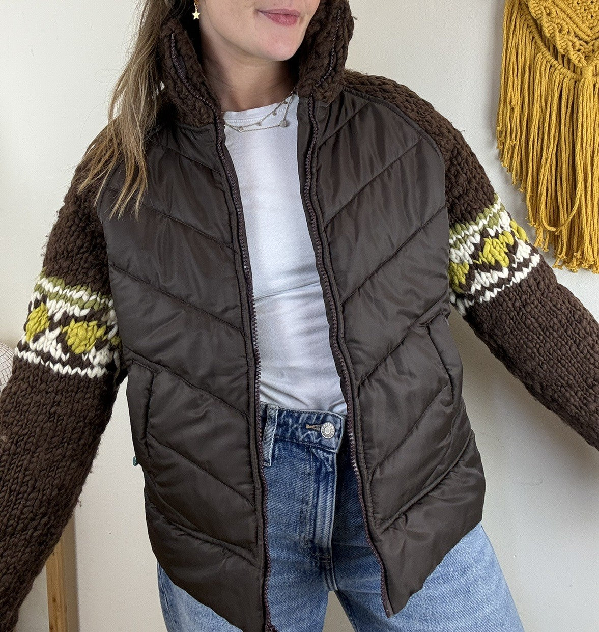 Vintage 90s Size XS 6-8 Brown Padded Chunky Knit Coat Jacket B'Sbee